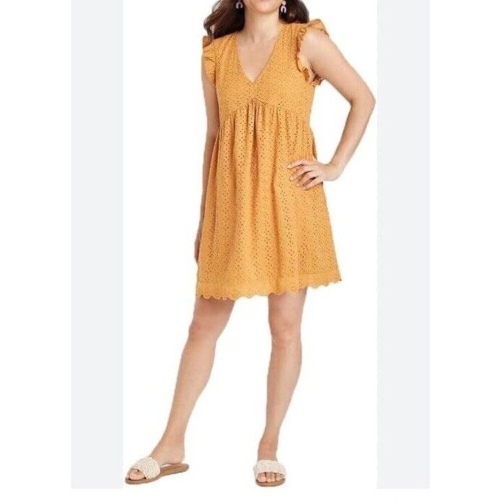 Knox Rose Sz L Dress Yellow Ruffle Sleeveless Eyelet A-Line Cotton New NWT.